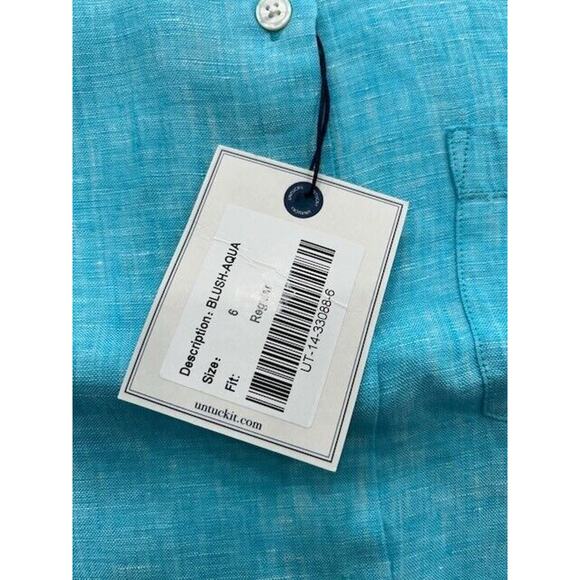 UNTUCKit Blush Button Down Shirt Long Sleeve Collared 100% Linen Aqua Size 6 NEW - Picture 6 of 6